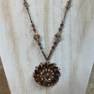 Handmade crystal rhinestone pendant, crystal necklace repurposed vintage brooch